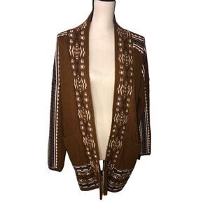 Lucky Brand Open Front Cardigan Aztec Fair Isle Shawl Collar Size L Brown Cream